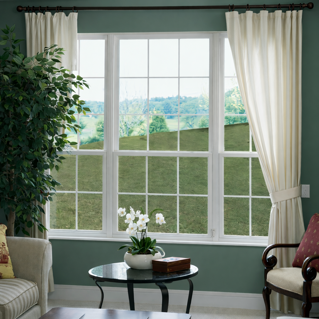 a modern living room displaying teh outside through sunshield 5200 single hung windows a modern living room displaying teh outside through sunshield 5200 single hung windows